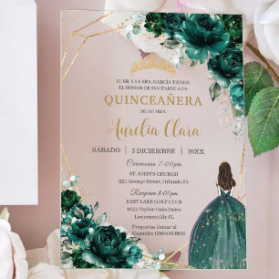 Smaragdgrüne Florale Prinzessin Gold Quinceañera X Acryleinladungen