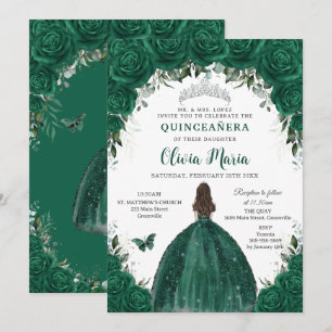 Smaragdgrüne Florale Prinzessin Silber Quinceañera Einladung