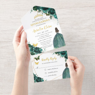 Smaragdgrüne florale Prinzessinnen-Tiara Quinceañe All-in-One-Einladung