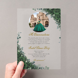 Smaragdgrüne florale Quinceanera mit Bild Acryleinladungen