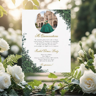 Smaragdgrüne florale Quinceanera mit Bild Einladung