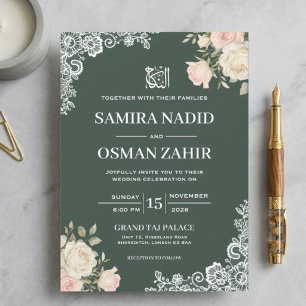 Smaragdgrüne florale Spitzen-Nikkah-Muslim-Hochzei Einladung