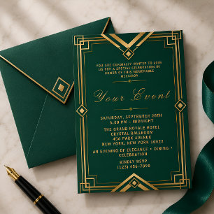 Smaragdgrüne Gold Art Deco Luxus-Gala-Feier Einladung