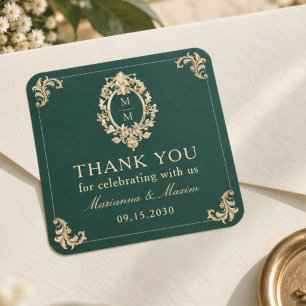 Smaragdgrüne Gold Barock Hochzeit Danke Quadratischer Aufkleber