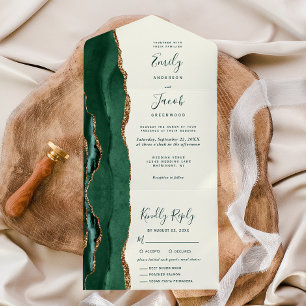 Smaragdgrüne Gold Elfenbein Menüoptionen Hochzeit All In One Einladung