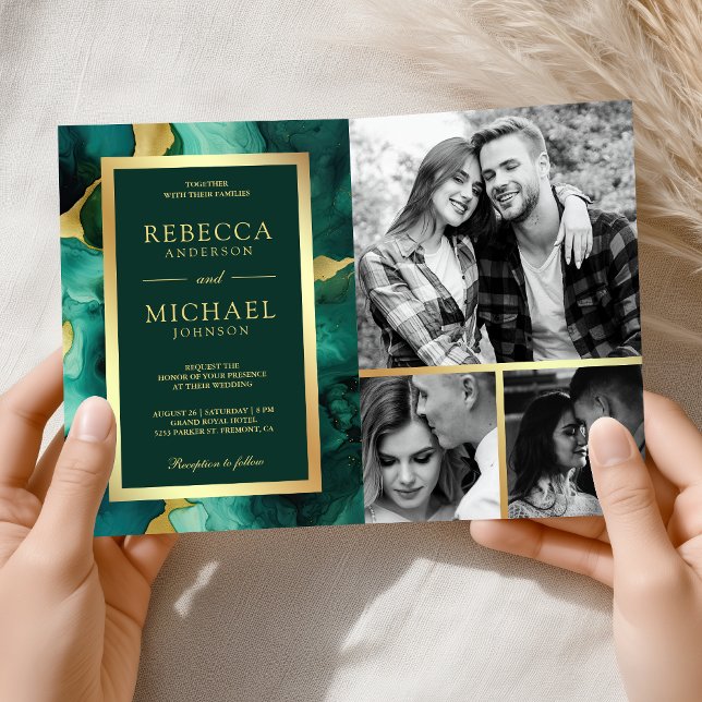 Smaragdgrüne Gold Fluid Tinte QR Code Hochzeit Einladung (Von Creator hochgeladen)