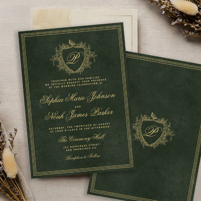 Smaragdgrüne Gold-Monogramm-Hochzeit Einladung (Von Creator hochgeladen)