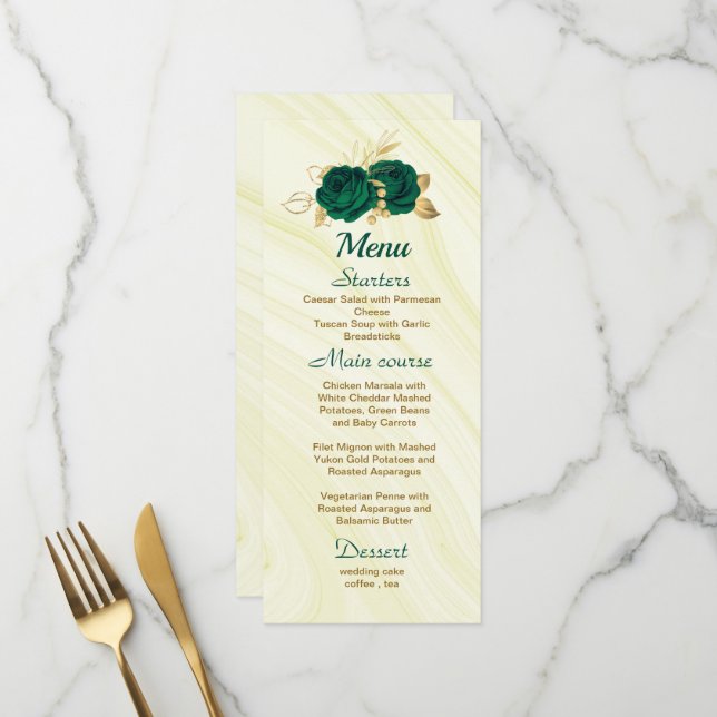 smaragdgrüne goldene Blumenhochzeit Menükarte (Vorderseite/Rückseite Beispiel)