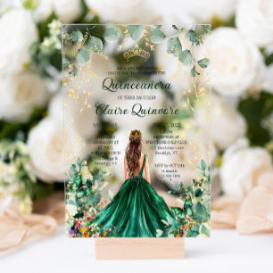 Smaragdgrüne Goldene Florale Prinzessin Quinceaner Acryleinladungen