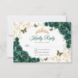 Smaragdgrüne Goldene Florale Quinceanera-Antwort RSVP Karte