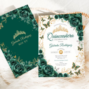 Smaragdgrüne Goldene Florale Quinceanera Einladung