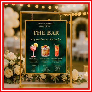 Smaragdgrüne & Goldene Hochzeits-Signature-Drinks- Poster