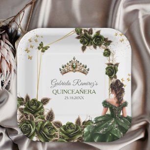 Smaragdgrüne goldene Tiara-Rosen Quinceañera Pappteller