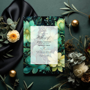 Smaragdgrüne, Goldene und Schwarze Florale Hochzei Einladung