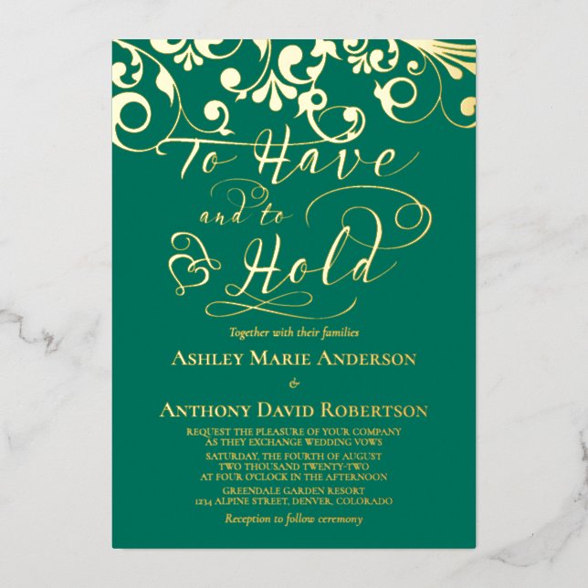 Smaragdgrüne Goldfolie zum Hochzeitshalten Folieneinladung (Vorderseite)