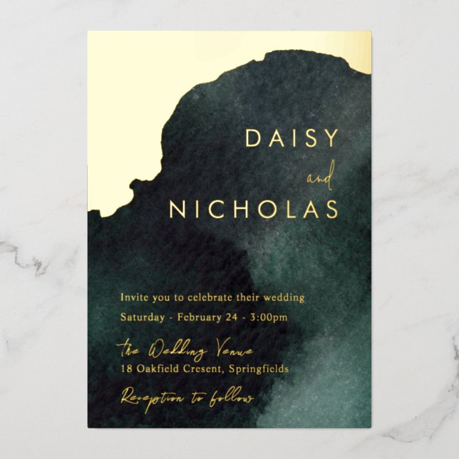 Smaragdgrüne Hochzeit: Watercolor Gold Folieneinladung (Vorderseite)