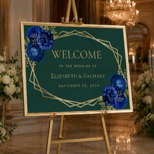 Smaragdgrüne königsblaue florale Hochzeitsbegrüßun Poster