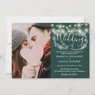 Smaragdgrüne Lichterketten-Foto-Hochzeit Alles in Einladung