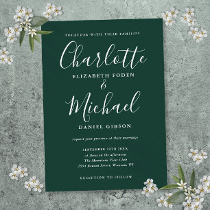 Smaragdgrüne minimalistische Schrift-Hochzeit Einladung