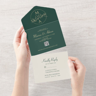 Smaragdgrüne Monogramm-Hochzeit All In One Einladung