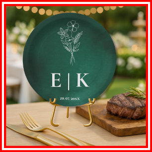 Smaragdgrüne Monogramm-Wildblumen-Hochzeit Pappteller