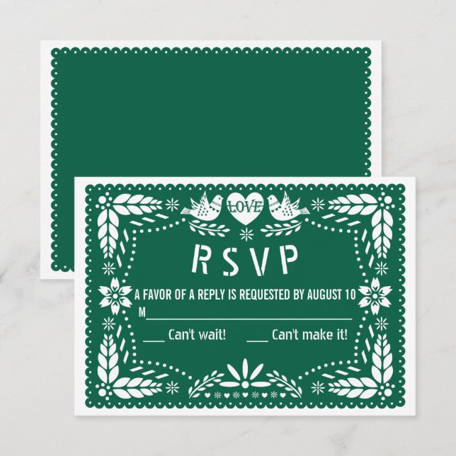 Smaragdgrüne Papel picado Liebesvogelhochzeit RSVP Karte (Vorne/Hinten)