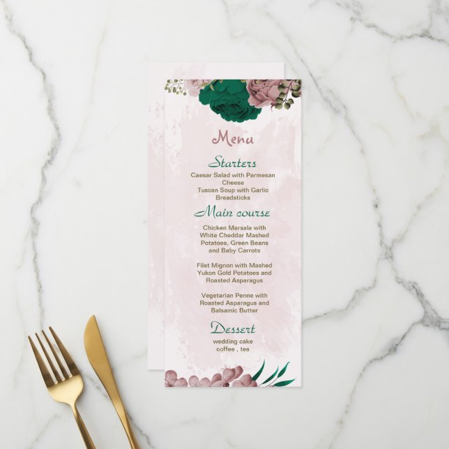 smaragdgrüne rosa Blume botanische Hochzeit Menükarte (Vorderseite/Rückseite Beispiel)