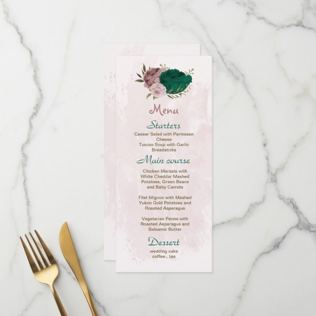 smaragdgrüne rosa Blume botanische Hochzeit Menükarte (Vorderseite/Rückseite Beispiel)