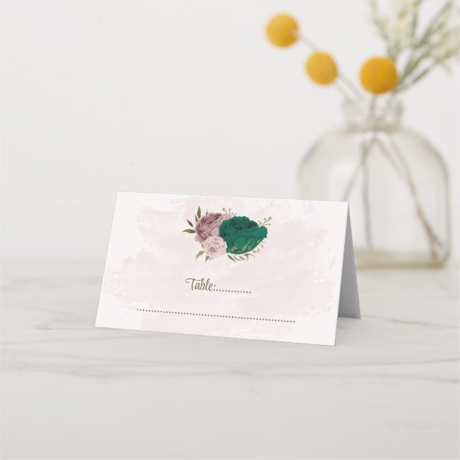 smaragdgrüne rosa Blume botanische Hochzeit Platzkarte (Vorderseite)