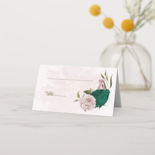 smaragdgrüne rosa Blume botanische Hochzeit Platzkarte (Vorderseite)