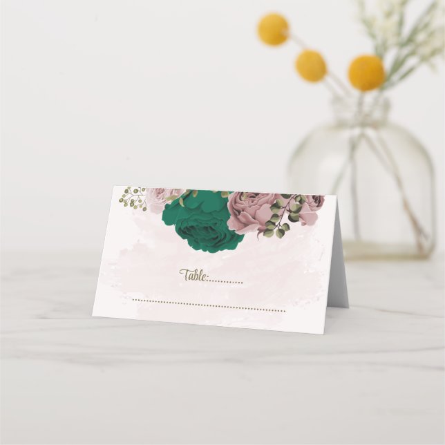 smaragdgrüne rosa Blume botanische Hochzeit Platzkarte (Vorderseite)
