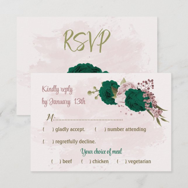 smaragdgrüne rosa Blume botanische Hochzeit RSVP Karte (Vorne/Hinten)