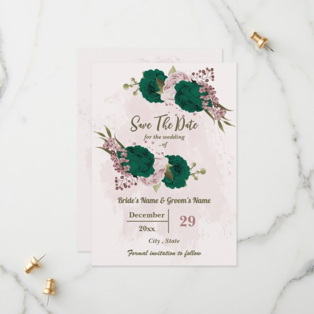 smaragdgrüne rosa Blume botanische Hochzeit Save The Date (Vorderseite/Rückseite Beispiel)