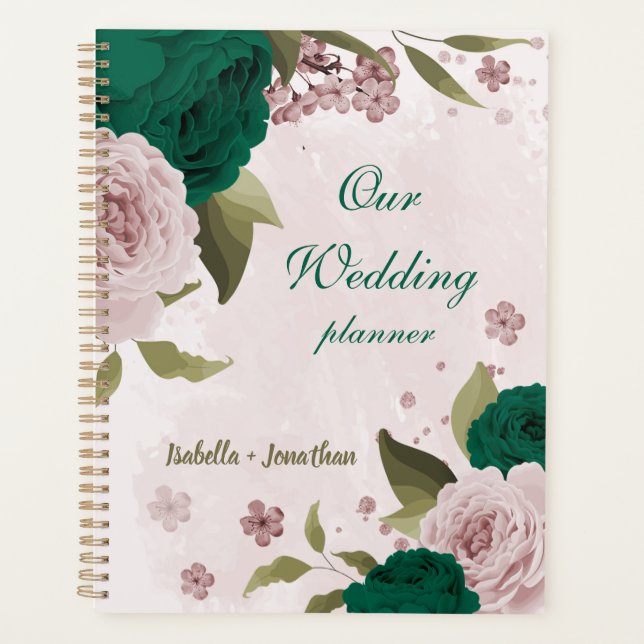 smaragdgrüne rosa Blumen Hochzeit Planer (Vorderseite)