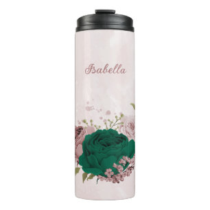 smaragdgrüne rosa Blumen Hochzeit Thermosbecher