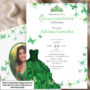 Smaragdgrüne Schmetterlinge Kleid Foto Quinceanera Einladung