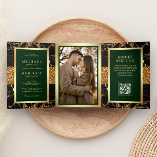 Smaragdgrüne schwarze Marmor-Gold-QR-Code-Hochzeit Dreifach Gefaltete Einladung