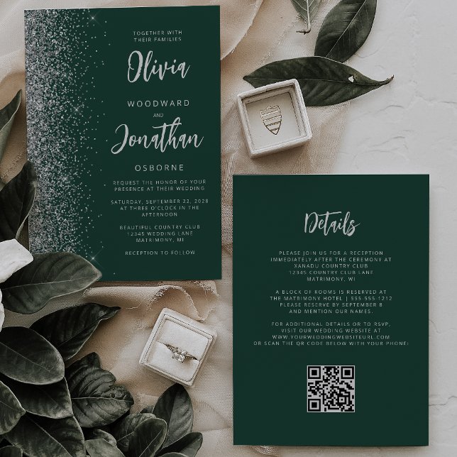 Smaragdgrüne Silber-Glitter-QR-Code-Hochzeit Einladung (Von Creator hochgeladen)