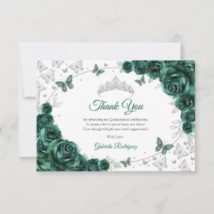 Smaragdgrüne silberne Blumen-Quinceanera Dankeskarte