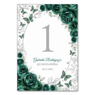 Smaragdgrüne silberne florale Quinceanera Tischnummer