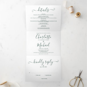 Smaragdgrüne Skript-Minimalist-Foto-Hochzeit Dreifach Gefaltete Einladung