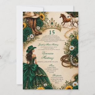 Smaragdgrüne Sonnenblumen-Rose Vaquera Quinceañera Einladung