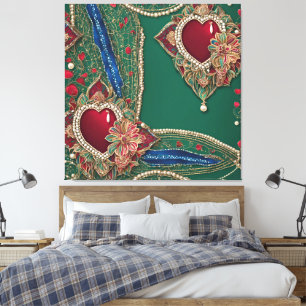 Smaragdgrüne Spitze und rote Herzen AI-Kunst Leinwanddruck