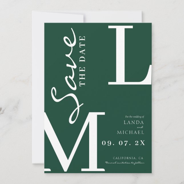 Smaragdgrüne stilvolle Monogramm-Hochzeit Save The Date (Vorderseite)
