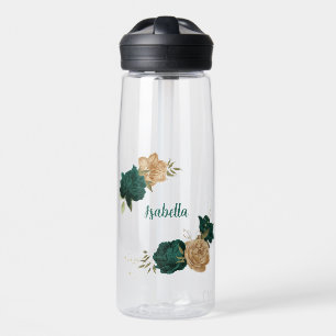 smaragdgrüne und beigegoldene Blumen Trinkflasche