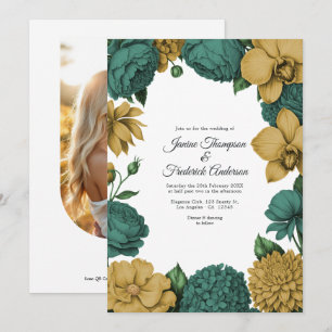 Smaragdgrüne und goldene Aquarell-Blumenhochzeit Einladung