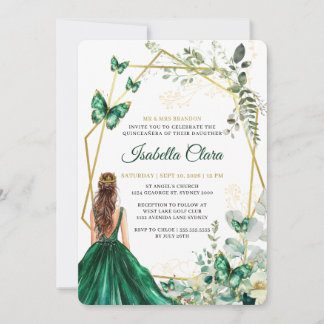Smaragdgrüne und goldene florale Prinzessin Quince Einladung