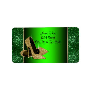 Smaragdgrüne und goldene High Heel Schuh Adresse Adressaufkleber