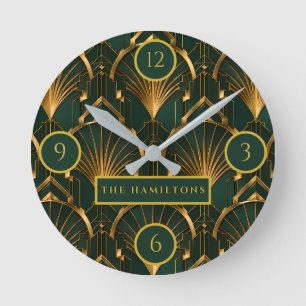 Smaragdgrüne und goldene Luxus-Art-Deco-Wanduhr Runde Wanduhr