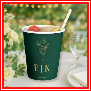 Smaragdgrüne und goldene Monogramm-Wildblumenhochz Pappbecher